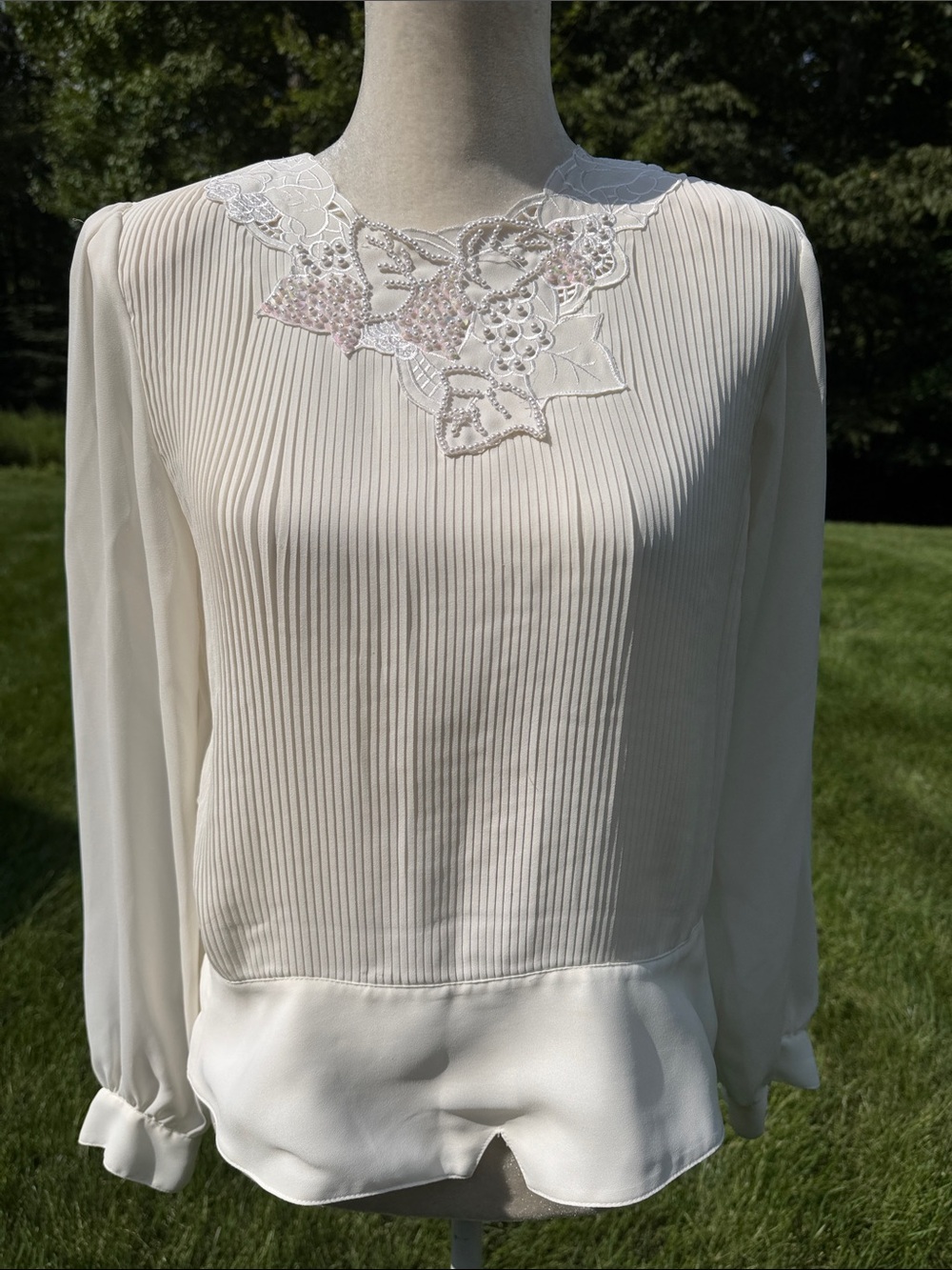 Elegant Cream Lace-Trim Pleated Long-Sleeve Top With Beaded Embellishment